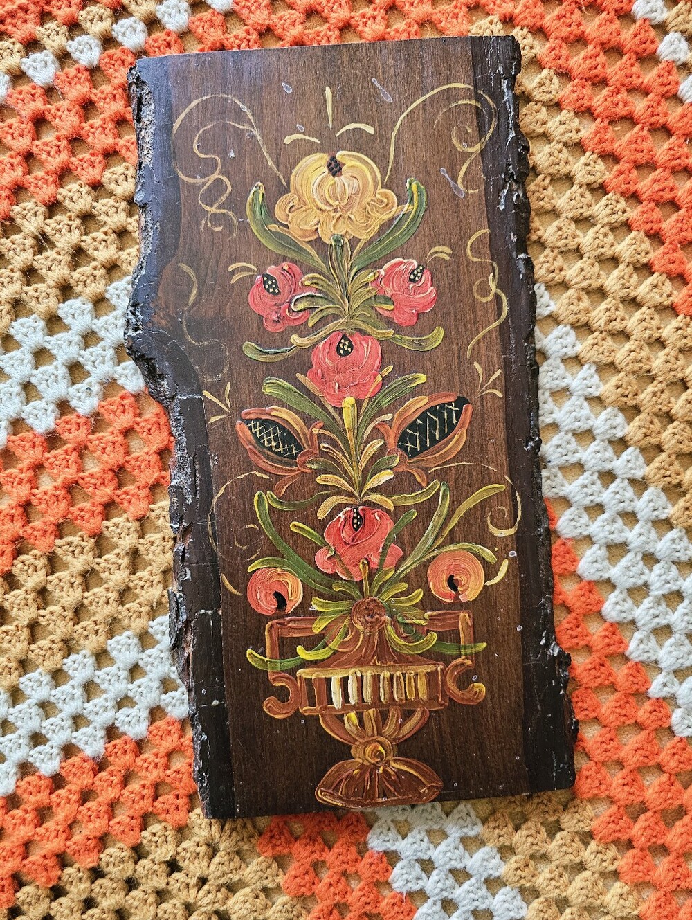 Vintage Folk Art Hand Painted Scandinavian Floral Live Edge Wood Wall Plaque MCM